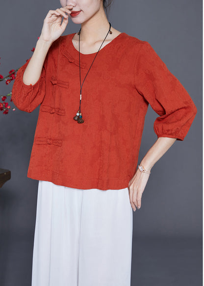 Orange Cotton Blouse Tops O-Neck Chinese Button Bracelet Sleeve LY3665 - fabuloryshop