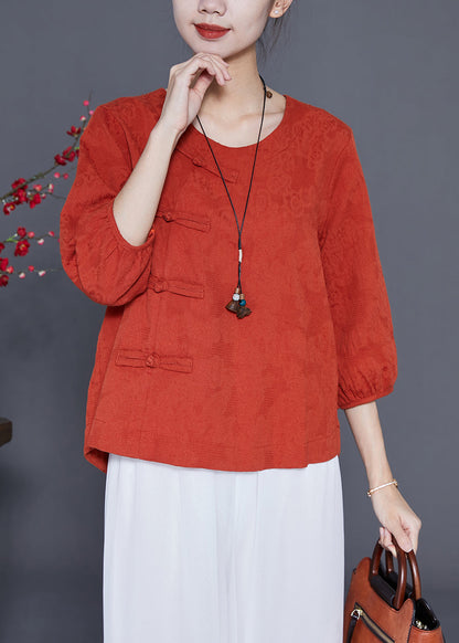 Orange Cotton Blouse Tops O-Neck Chinese Button Bracelet Sleeve LY3665 - fabuloryshop