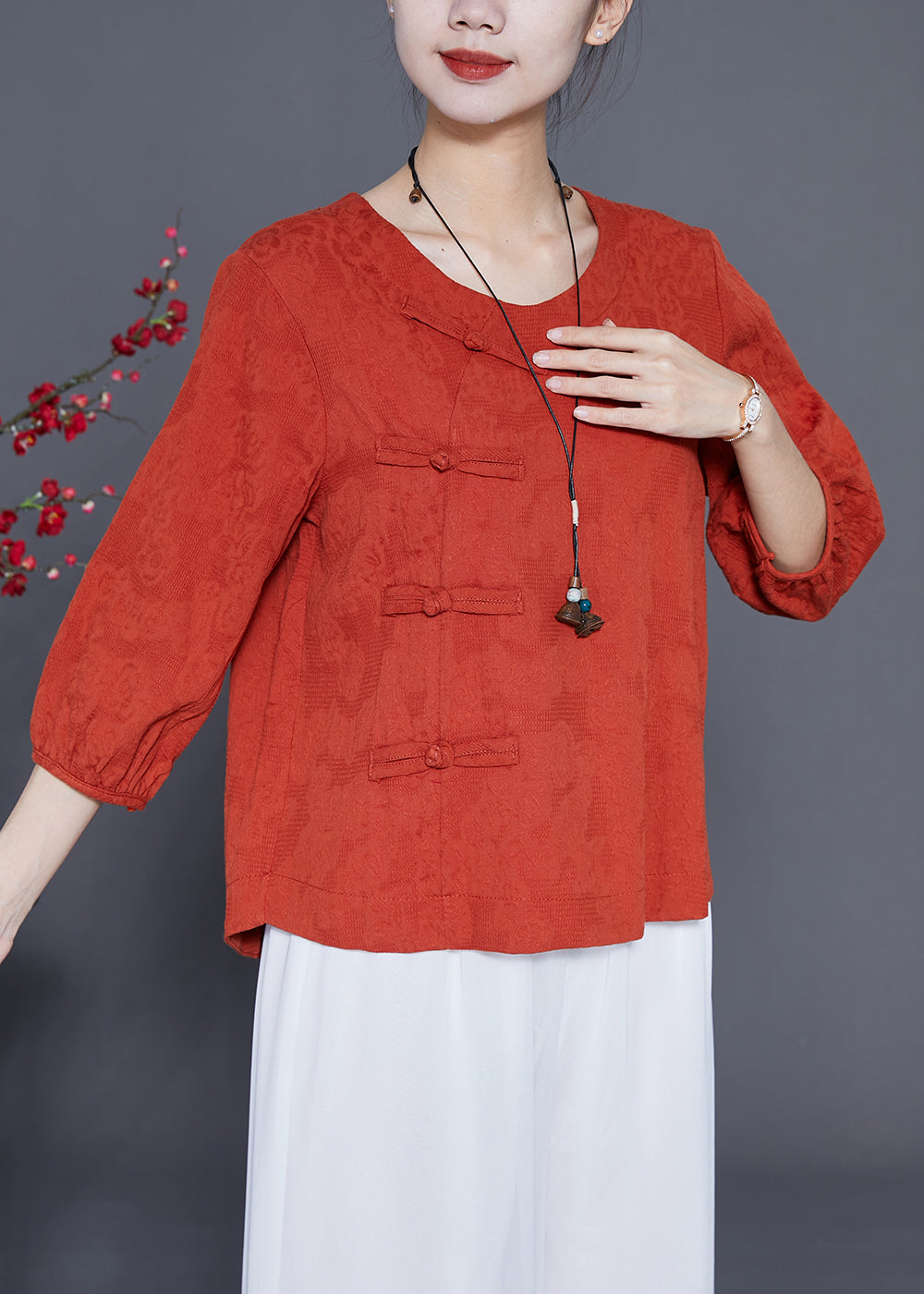 Orange Cotton Blouse Tops O-Neck Chinese Button Bracelet Sleeve LY3665 - fabuloryshop