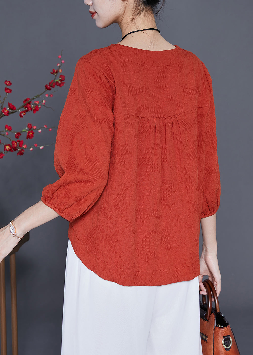 Orange Cotton Blouse Tops O-Neck Chinese Button Bracelet Sleeve LY3665 - fabuloryshop