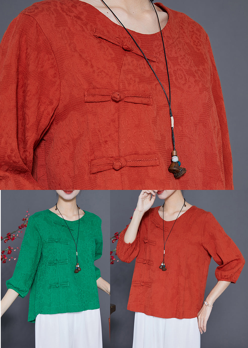 Orange Cotton Blouse Tops O-Neck Chinese Button Bracelet Sleeve LY3665 - fabuloryshop