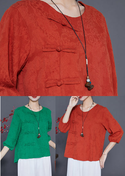 Orange Cotton Blouse Tops O-Neck Chinese Button Bracelet Sleeve LY3665 - fabuloryshop