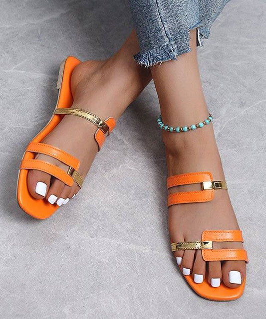 Orange Faux Leather Peep Toe Splicing Flats Slide Sandals LY4307 - fabuloryshop
