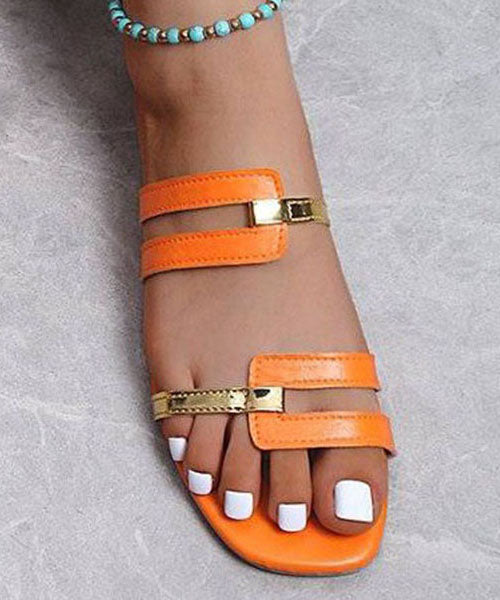 Orange Faux Leather Peep Toe Splicing Flats Slide Sandals LY4307 - fabuloryshop