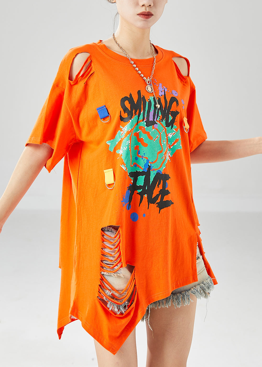 Orange Hollow Out Cotton Ripped Tank Oversized Print Summer LY6144 - fabuloryshop
