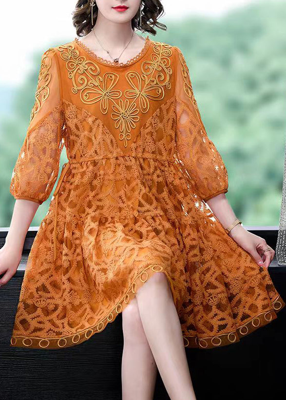 Orange Lace Holiday Dresses Cinched Exra Large Hem Summer LY3715 - fabuloryshop