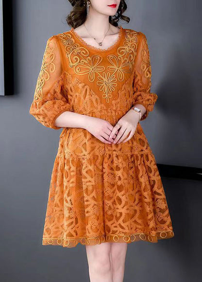 Orange Lace Holiday Dresses Cinched Exra Large Hem Summer LY3715 - fabuloryshop