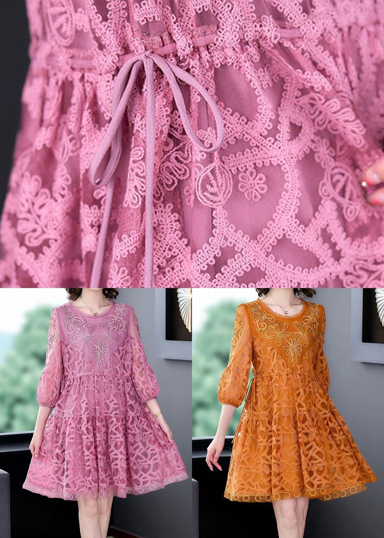 Orange Lace Holiday Dresses Cinched Exra Large Hem Summer LY3715 - fabuloryshop