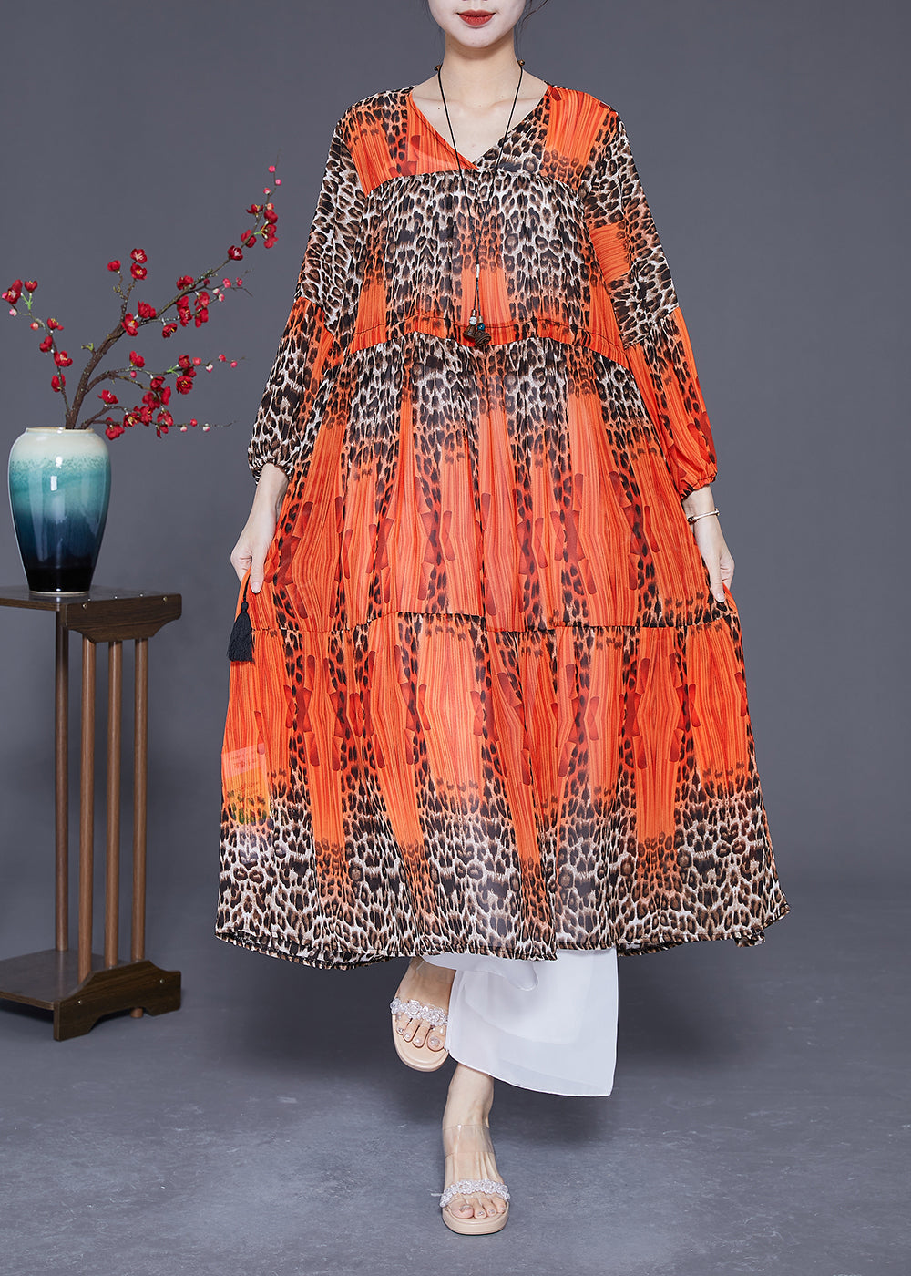 Orange Leopar Print Chiffon Maxi Dress Drawstring Exra Large Hem Summer LY3630 - fabuloryshop