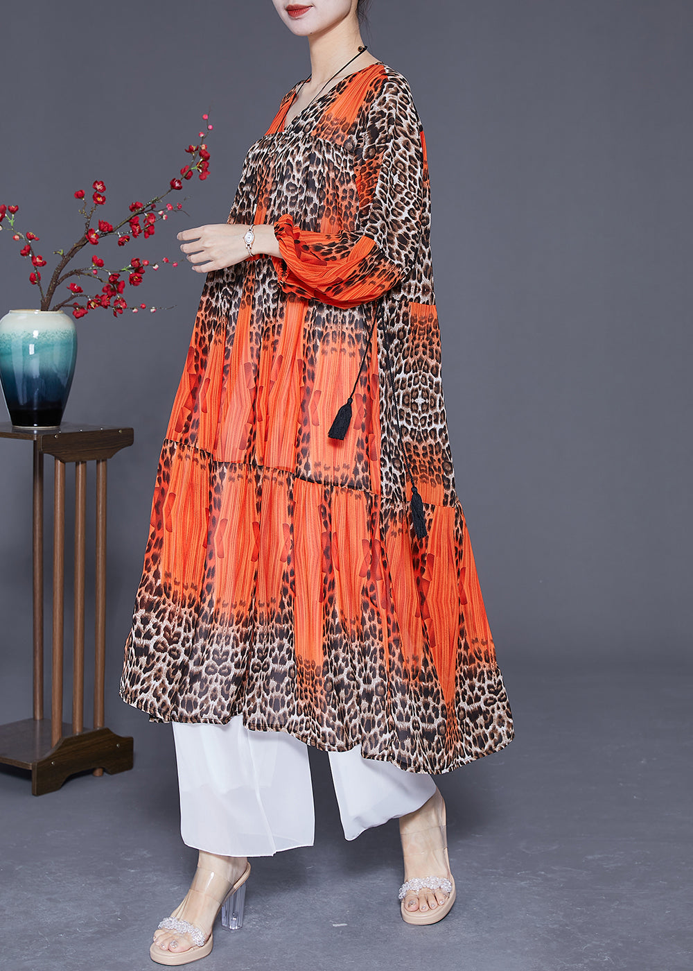 Orange Leopar Print Chiffon Maxi Dress Drawstring Exra Large Hem Summer LY3630 - fabuloryshop