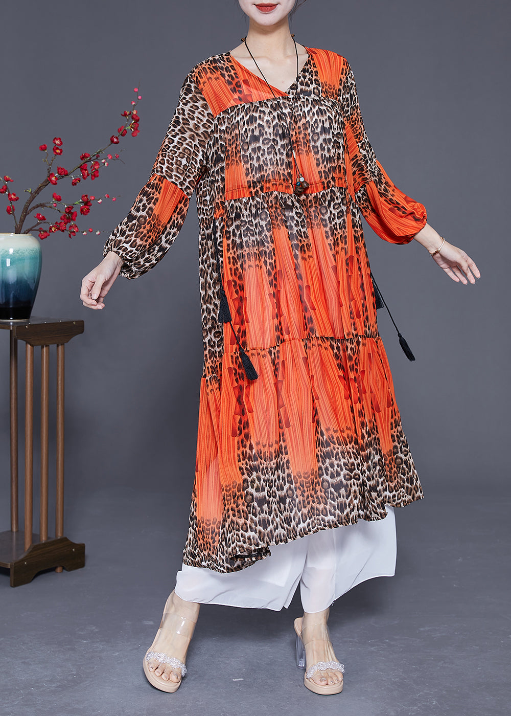 Orange Leopar Print Chiffon Maxi Dress Drawstring Exra Large Hem Summer LY3630 - fabuloryshop