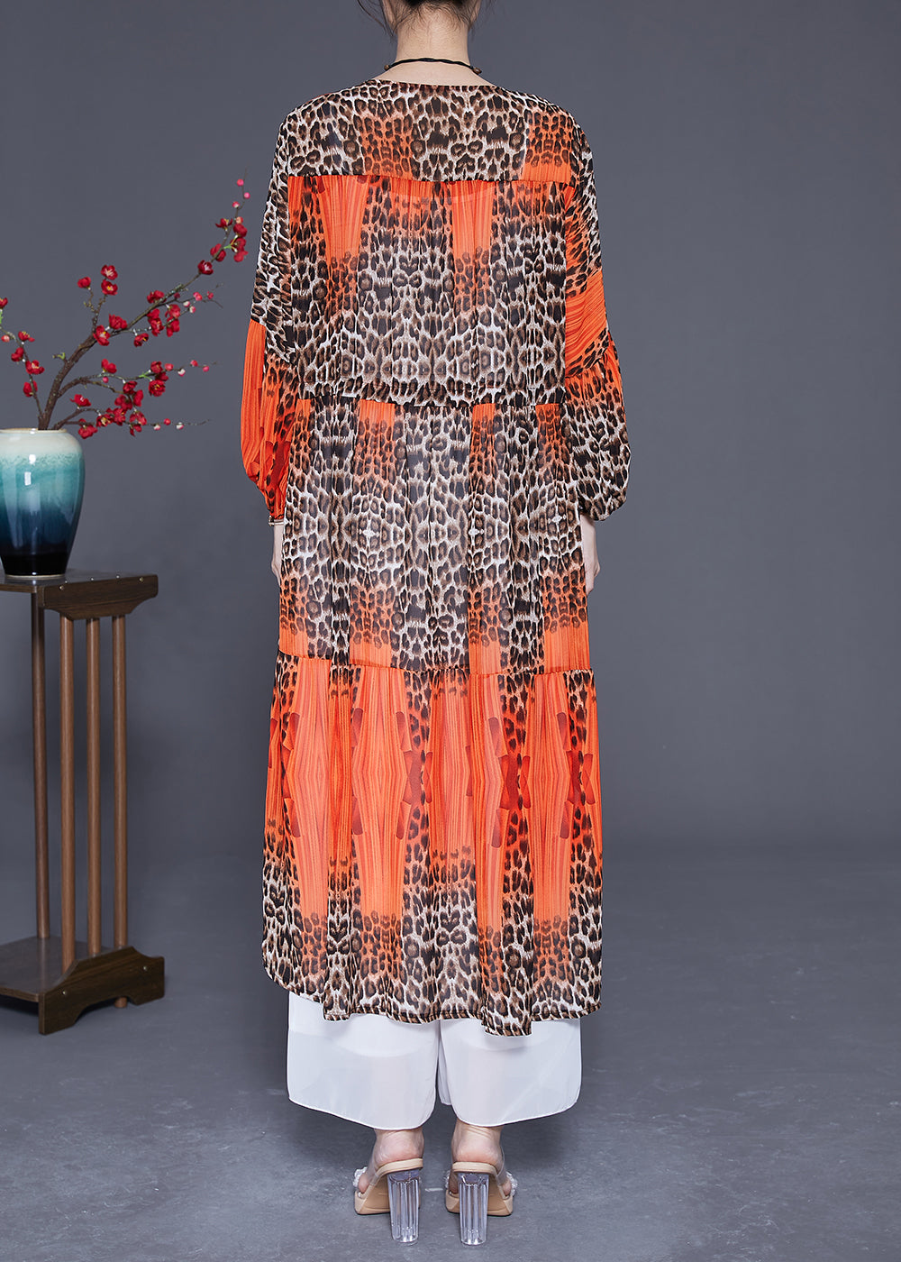 Orange Leopar Print Chiffon Maxi Dress Drawstring Exra Large Hem Summer LY3630 - fabuloryshop