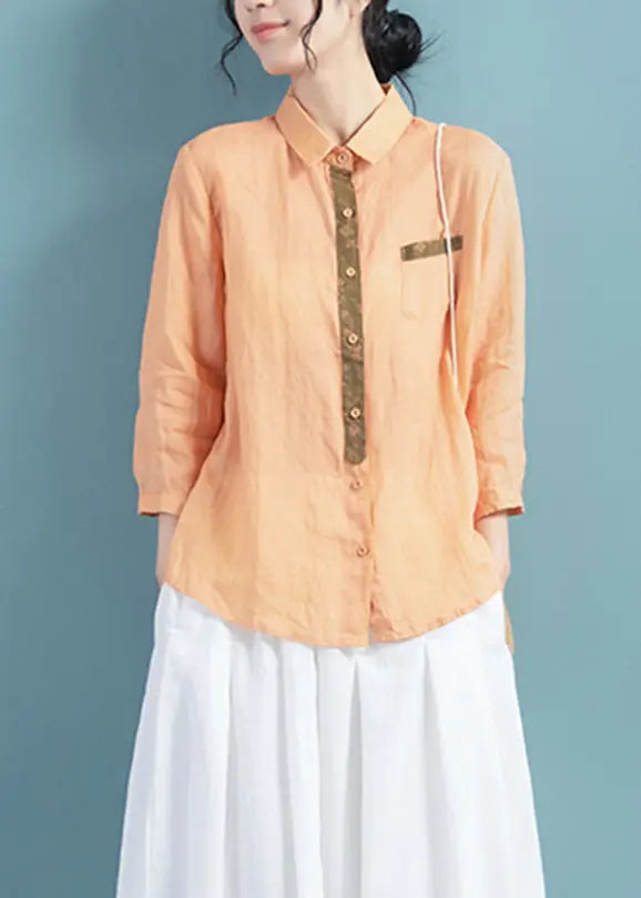 Orange Patchwork Button Ramie Shirts Fall Ada Fashion