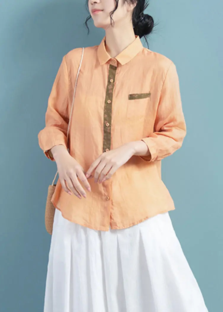 Orange Patchwork Button Ramie Shirts Fall Ada Fashion