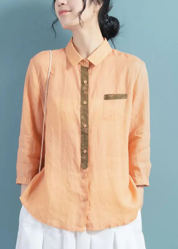 Orange Patchwork Button Ramie Shirts Fall Ada Fashion