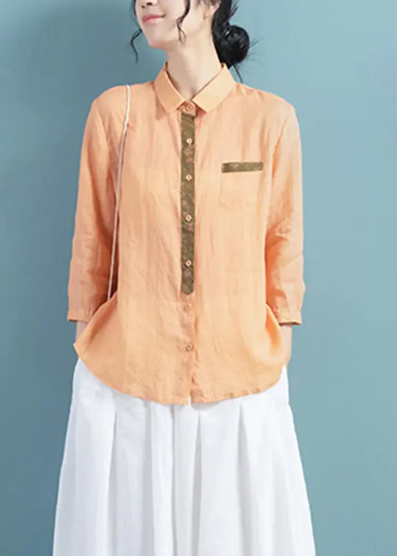 Orange Patchwork Button Ramie Shirts Fall Ada Fashion