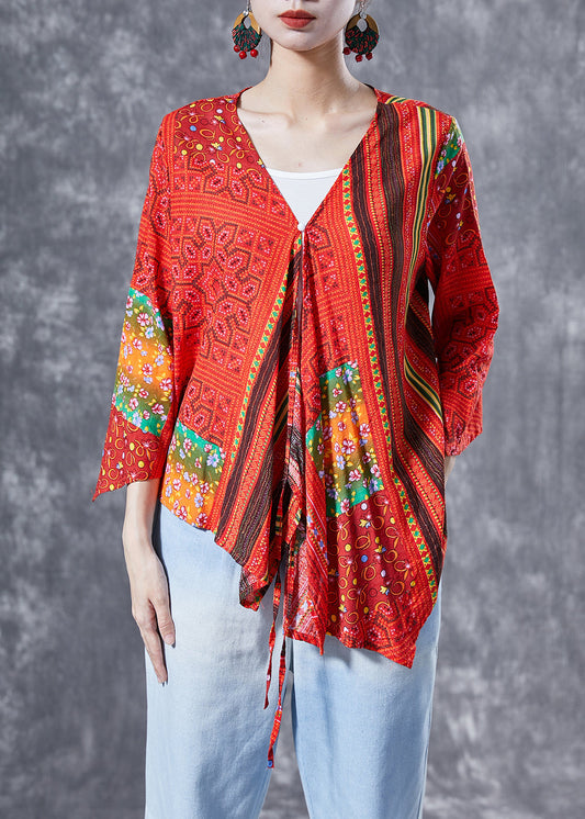 Orange Patchwork Cotton Blouse Top Oversized Lace Up Bracelet Sleeve LY4047 - fabuloryshop