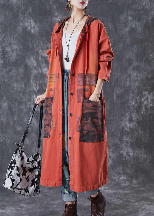 Orange Patchwork Cotton Trench Oversized Big Pockets Fall Ada Fashion