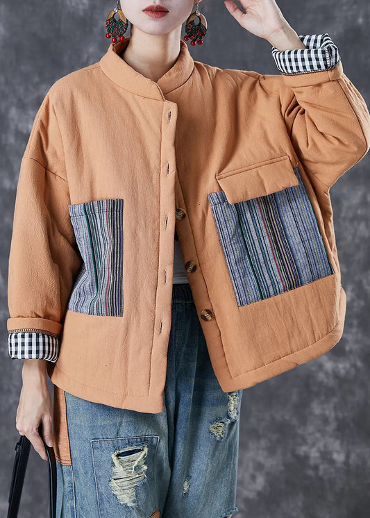 Orange Patchwork Fine Cotton Filled Puffer Jacket Oversized Pockets Winter Ada Fashion