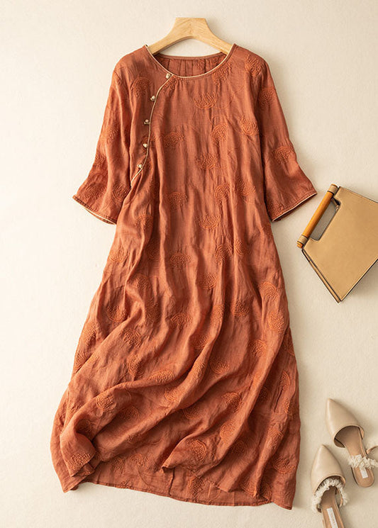 Orange Patchwork Linen Dresses Embroideried Button Bracelet Sleeve Ada Fashion