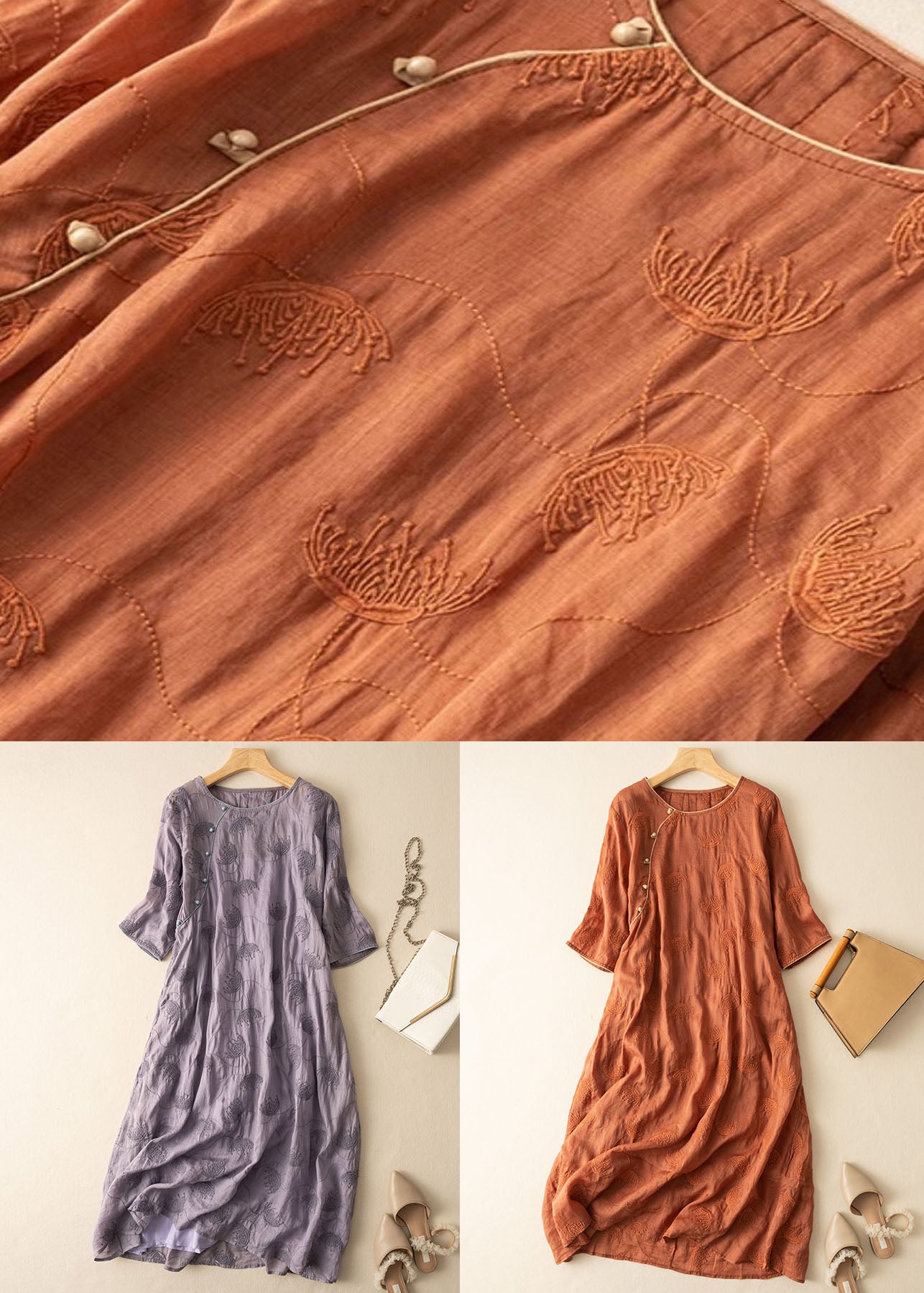 Orange Patchwork Linen Dresses Embroideried Button Bracelet Sleeve Ada Fashion