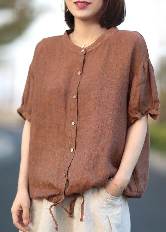 Orange Patchwork Linen Shirt Stand Collar Button Short Sleeve LY6232 - fabuloryshop