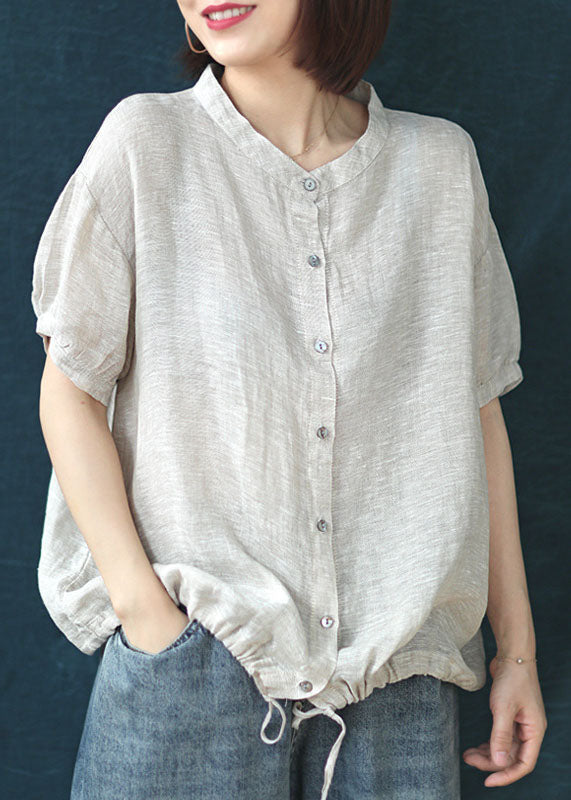 Orange Patchwork Linen Shirt Stand Collar Button Short Sleeve LY6232 - fabuloryshop