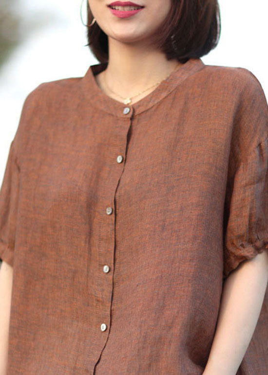 Orange Patchwork Linen Shirt Stand Collar Button Short Sleeve LY6232 - fabuloryshop