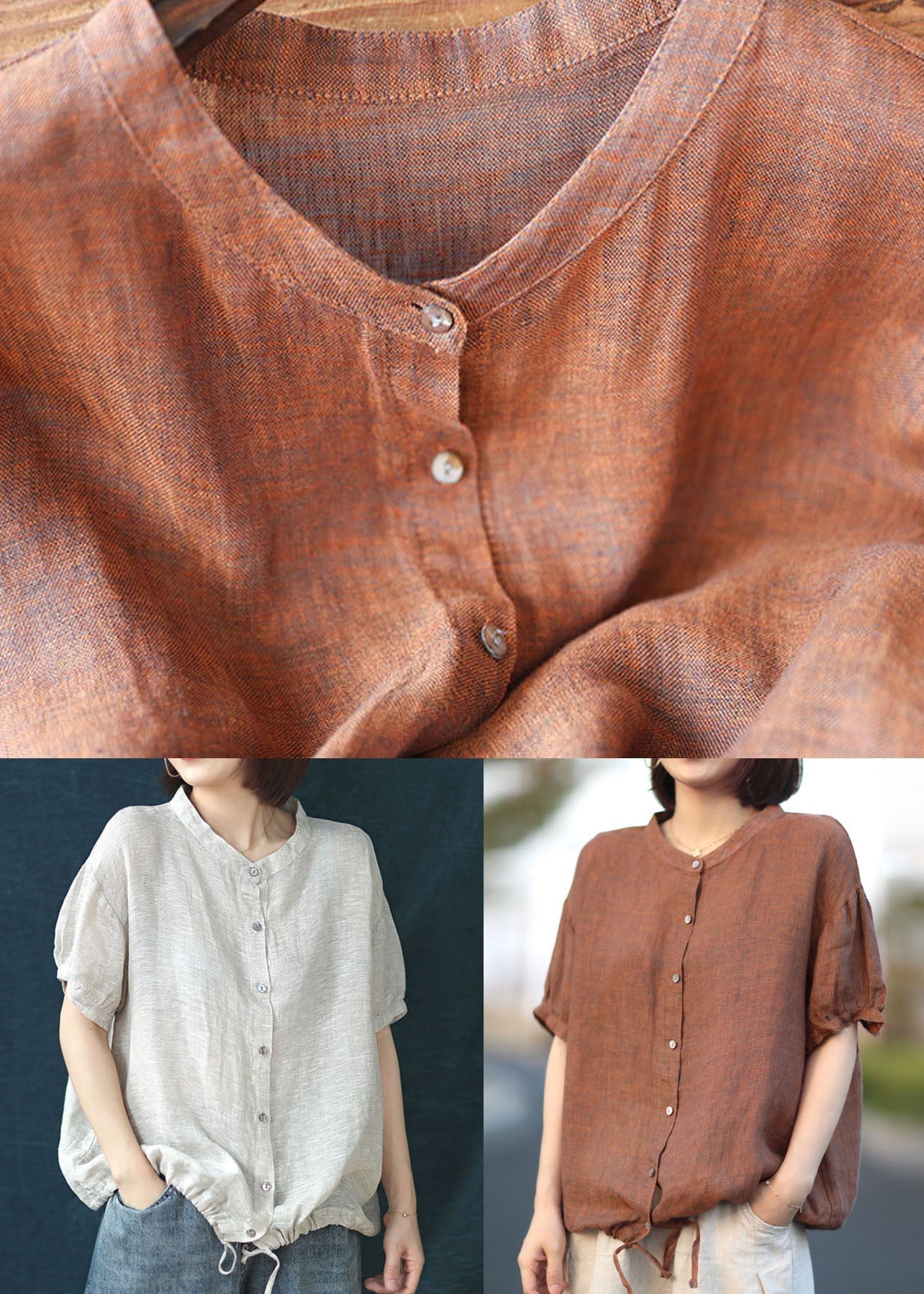 Orange Patchwork Linen Shirt Stand Collar Button Short Sleeve LY6232 - fabuloryshop