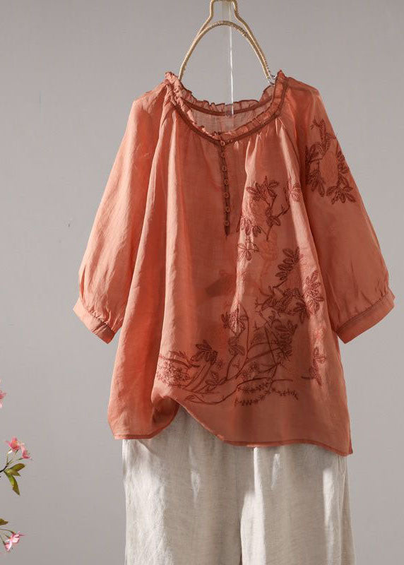 Orange Patchwork Linen T Shirt Embroideried O-Neck Half Sleeve LY0588 - fabuloryshop