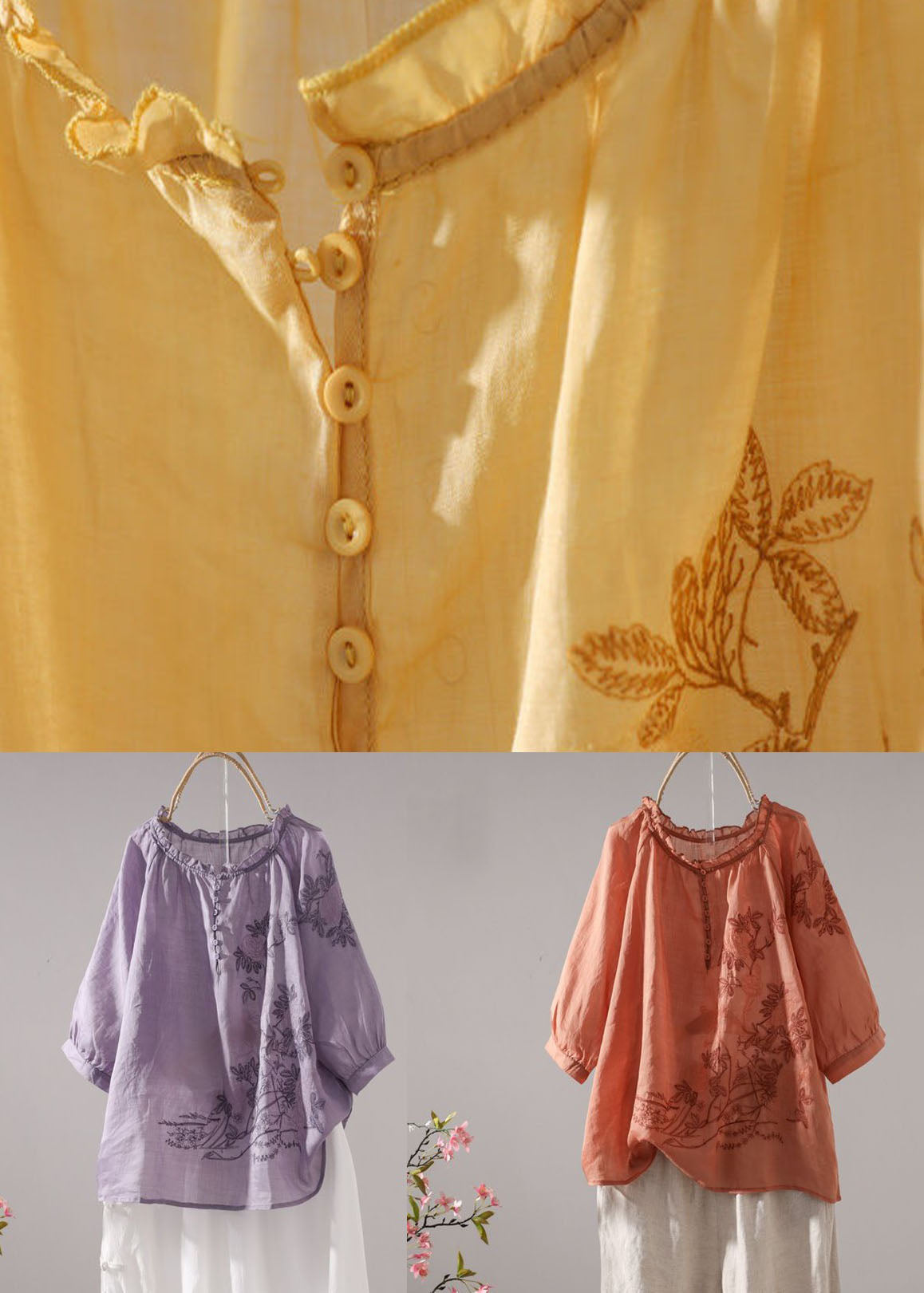 Orange Patchwork Linen T Shirt Embroideried O-Neck Half Sleeve LY0588 - fabuloryshop