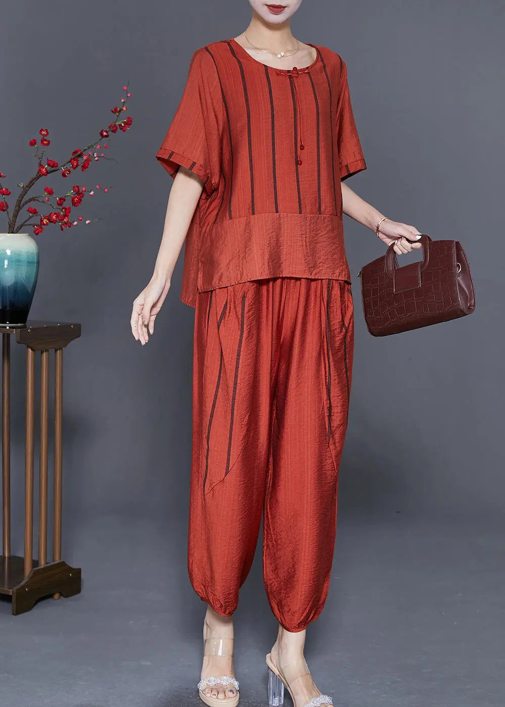 Orange Patchwork Linen Two Pieces Set Tassel Striped Summer Ada Fashion