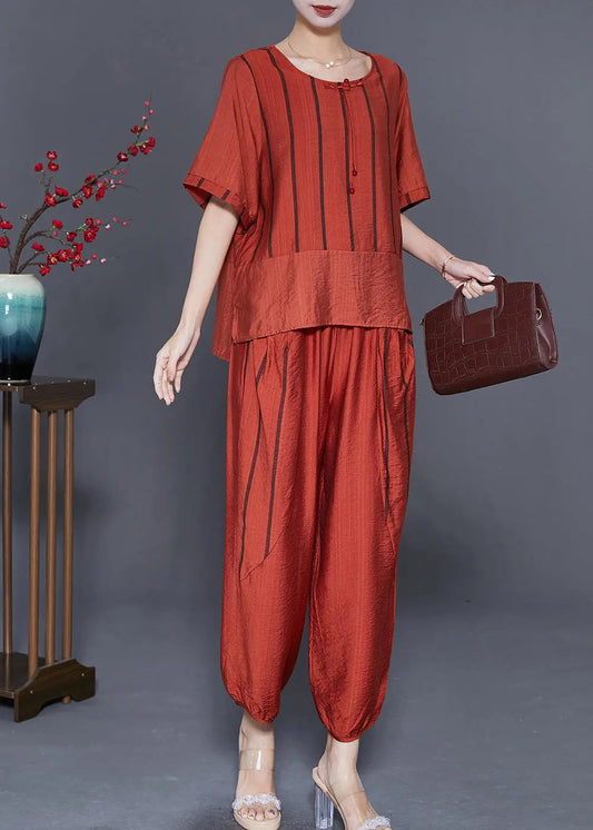 Orange Patchwork Linen Two Pieces Set Tassel Striped Summer Ada Fashion