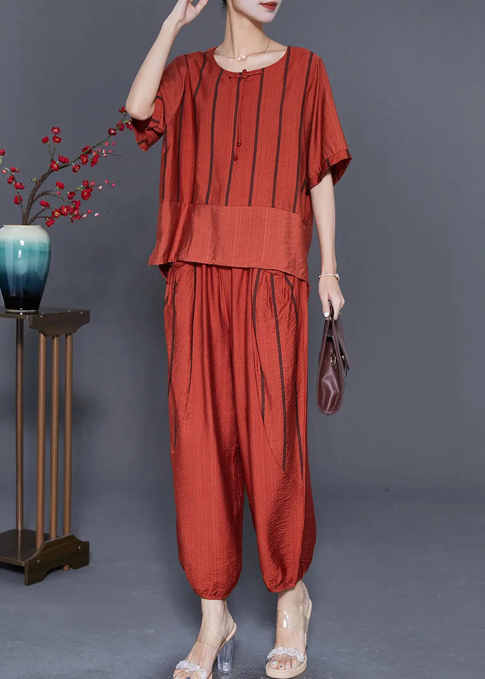 Orange Patchwork Linen Two Pieces Set Tassel Striped Summer Ada Fashion