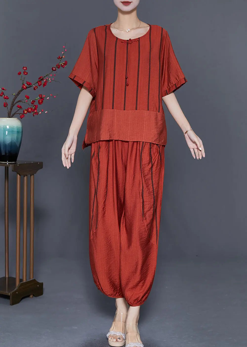 Orange Patchwork Linen Two Pieces Set Tassel Striped Summer Ada Fashion
