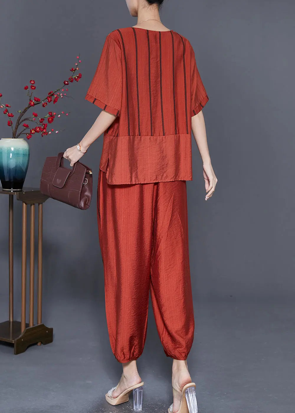 Orange Patchwork Linen Two Pieces Set Tassel Striped Summer Ada Fashion