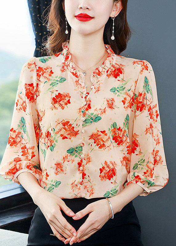 Orange Patchwork Print Silk Shirts V Neck Ruffled Summer LY0480 - fabuloryshop