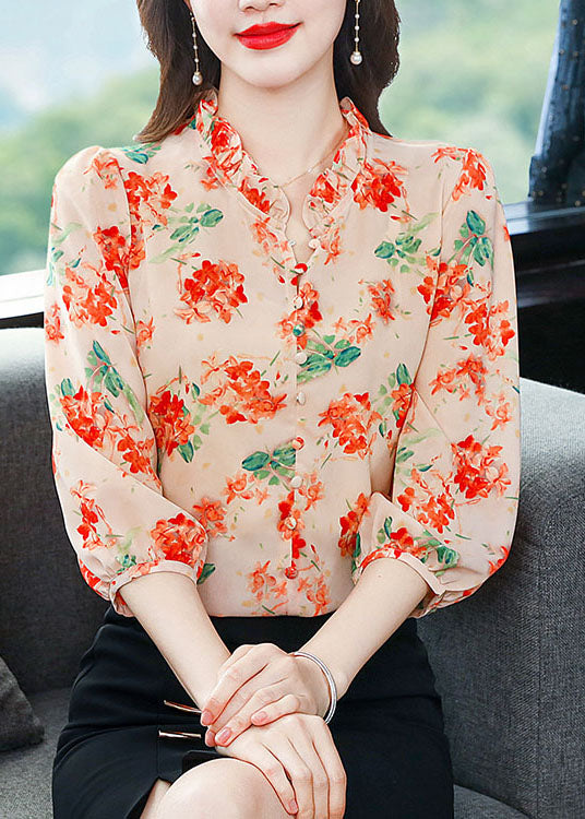 Orange Patchwork Print Silk Shirts V Neck Ruffled Summer LY0480 - fabuloryshop