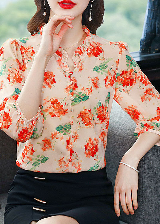 Orange Patchwork Print Silk Shirts V Neck Ruffled Summer LY0480 - fabuloryshop