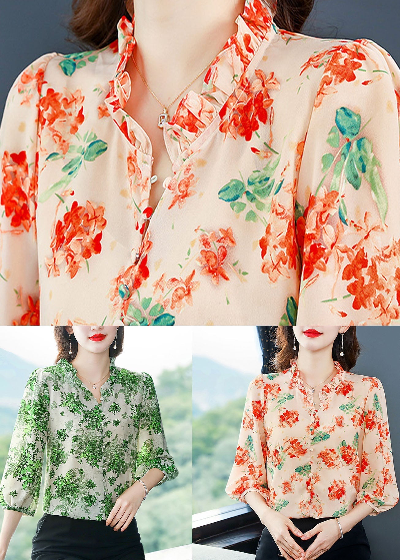 Orange Patchwork Print Silk Shirts V Neck Ruffled Summer LY0480