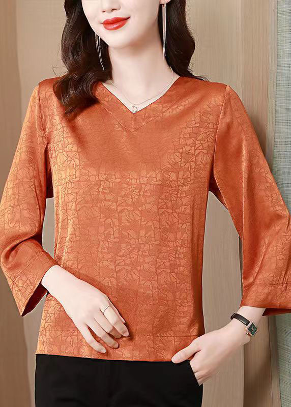 Orange Patchwork Silk Blouse Top V Neck Bracelet Sleeve LY4665 - fabuloryshop