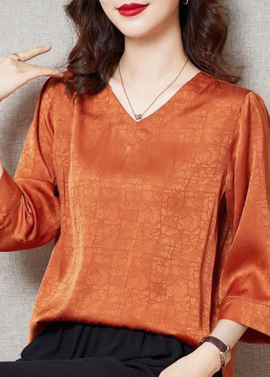 Orange Patchwork Silk Blouse Top V Neck Bracelet Sleeve LY4665 - fabuloryshop