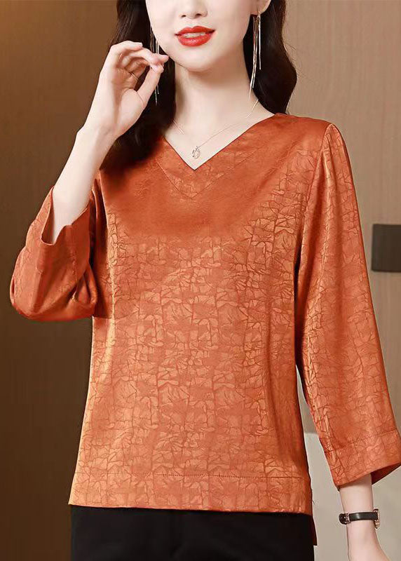 Orange Patchwork Silk Blouse Top V Neck Bracelet Sleeve LY4665 - fabuloryshop