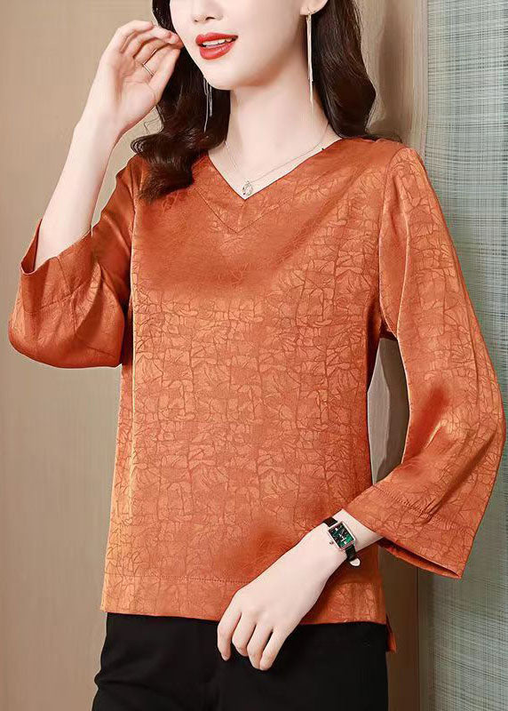 Orange Patchwork Silk Blouse Top V Neck Bracelet Sleeve LY4665 - fabuloryshop