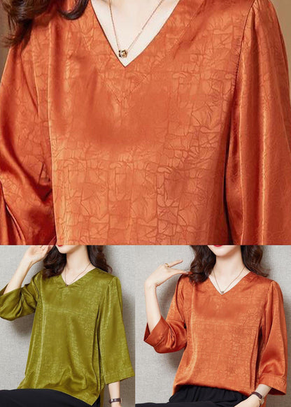 Orange Patchwork Silk Blouse Top V Neck Bracelet Sleeve LY4665 - fabuloryshop