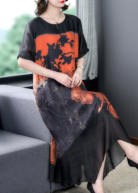 Orange Patchwork Silk Dresses O Neck Asymmetrical Design Summer LY5947 Ada Fashion