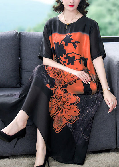 Orange Patchwork Silk Dresses O Neck Asymmetrical Design Summer LY5947 Ada Fashion