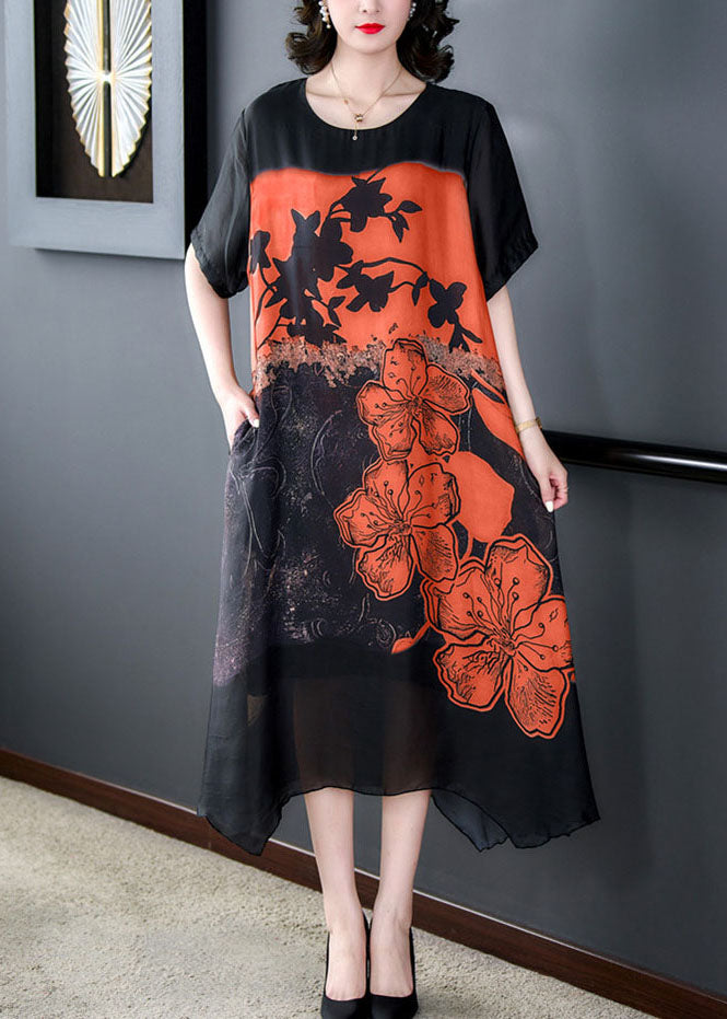 Orange Patchwork Silk Dresses O Neck Asymmetrical Design Summer LY5947 Ada Fashion