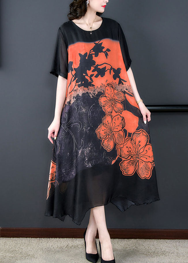 Orange Patchwork Silk Dresses O Neck Asymmetrical Design Summer LY5947 Ada Fashion