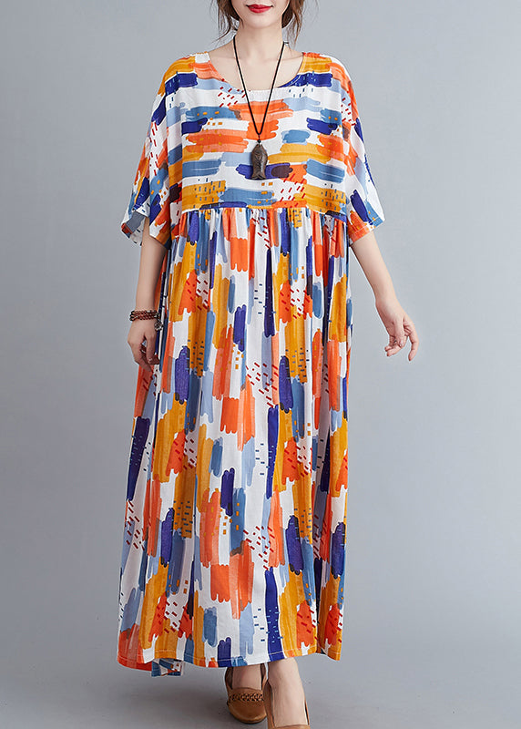 Orange Patchwork Wrinkled Maxi Dress Half Sleeve LY2859 - fabuloryshop